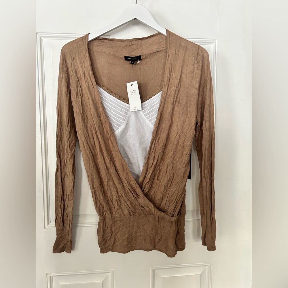 BCBGMaxAzria Tan Wrap Blouse with White Layer